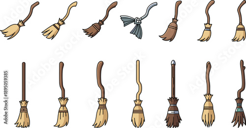Set of hand drawn broom illustrations in cartoon style isolated on white background, cleaning tools, witch broomsticks, household and fantasy elements