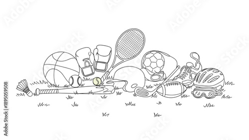 Outline of various sports equipment in grass for diverse athletic activities