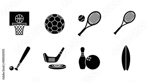 Minimalist sports icons set: basketball, soccer, tennis, baseball, golf, bowling, surfboard