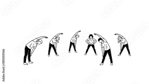 Group stretching exercises with diverse characters drawn in minimalist style