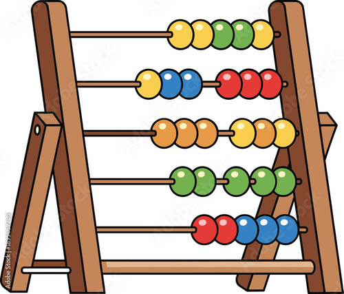 Wooden abacus with colorful beads illustration for math learning and counting, cartoon style educational toy for children, preschool, classroom, and early education