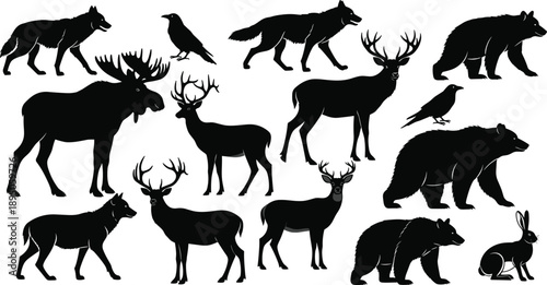 Canvas Print Black silhouette vector illustration set featuring wild animals including bears