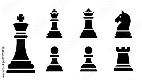 Chess piece icons in silhouette style for games and strategy themes