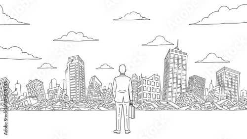 Businessman facing a city in ruins: linear drawing of urban collapse