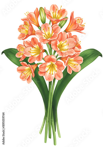 Bright Coral Pink Freesia Bouquet with Green Leaves