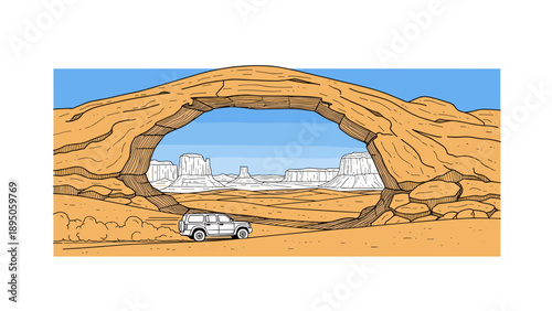 Scenic desert drive through mesmerizing natural arch in retro comic style