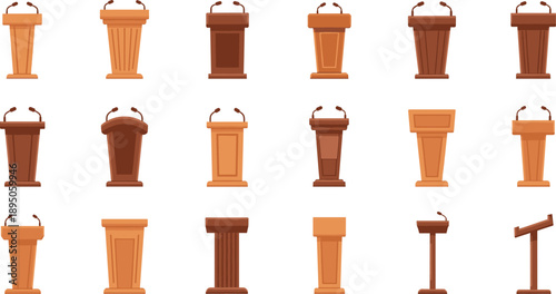 Set of wooden podium and lectern illustrations with microphones, cartoon style vector icons for speeches, conferences, presentations, debates, and public speaking