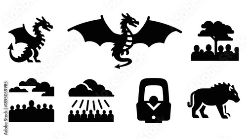 Mythical dragon silhouettes and nature icons in bold black design