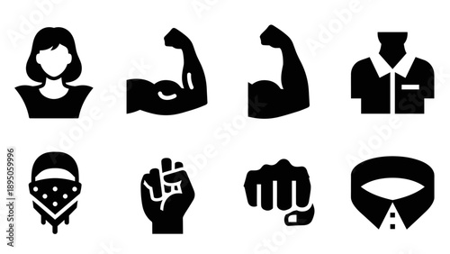 Bold black silhouettes of strong arms, gestures, and apparel icons
