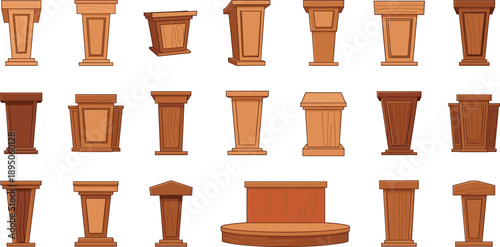 Set of wooden podium and lectern illustrations in cartoon style, different shapes and designs for presentations, speeches, ceremonies, and public speaking