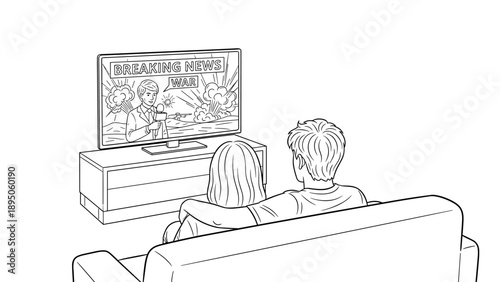 Couple watching breaking news on tv in minimalist living room setup