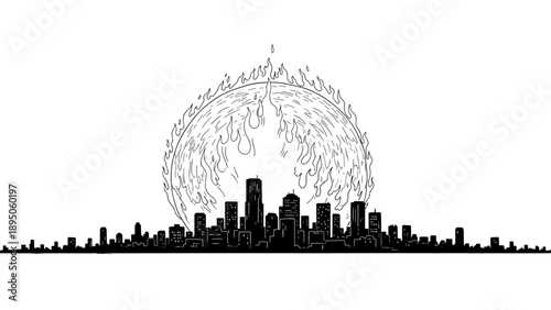 Fiery urban skyline with burning sun and city silhouette at dawn