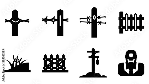 Set of fence and barrier icons: silhouette style depicting various designs