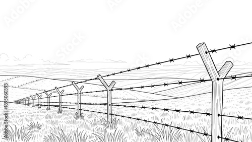 Barbed wire fence in rolling countryside - monochrome landscape design with pen and ink style