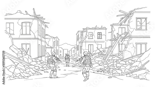Linear drawing of soldiers navigating a war-torn urban landscape
