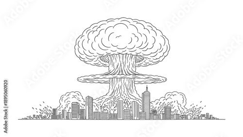 Cityscape explosion with mushroom cloud in black and white outline style