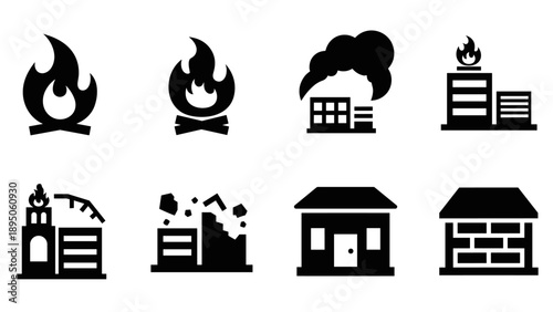 Silhouette icons of fire, buildings, and disasters in modern minimalist design