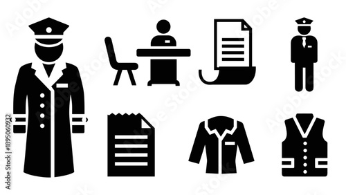Monochrome icon set of office and uniform elements for professional use