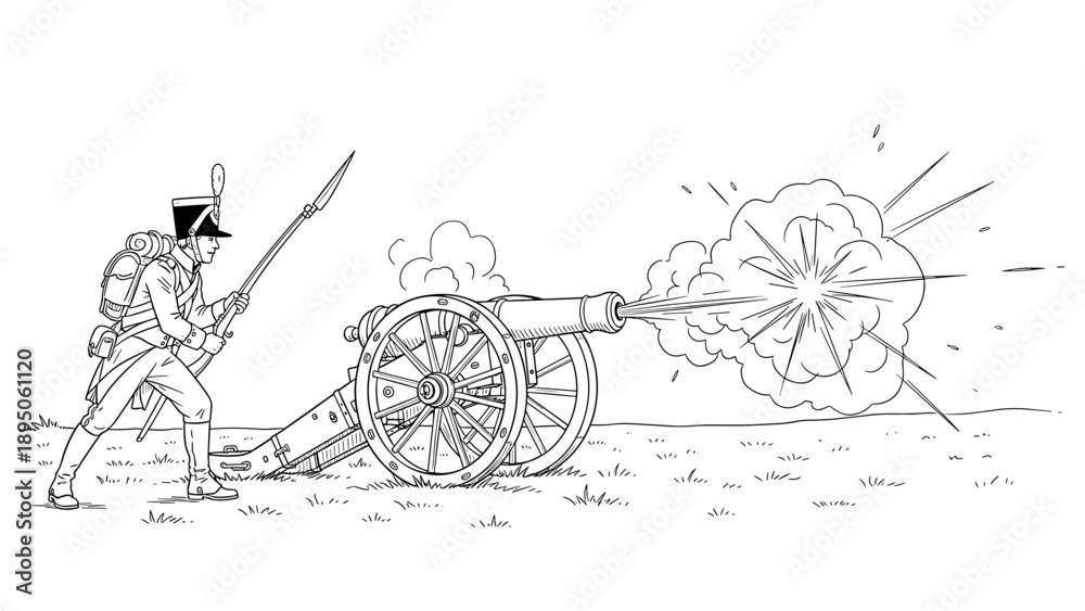 Naklejka premium Napoleonic era soldier firing cannon in detailed black and white sketch