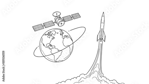 Space exploration: rocket launch and satellite orbiting earth in linear style