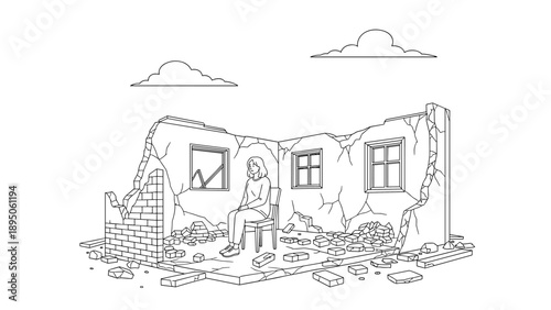 Woman in ruined building outline with clouds in linear style