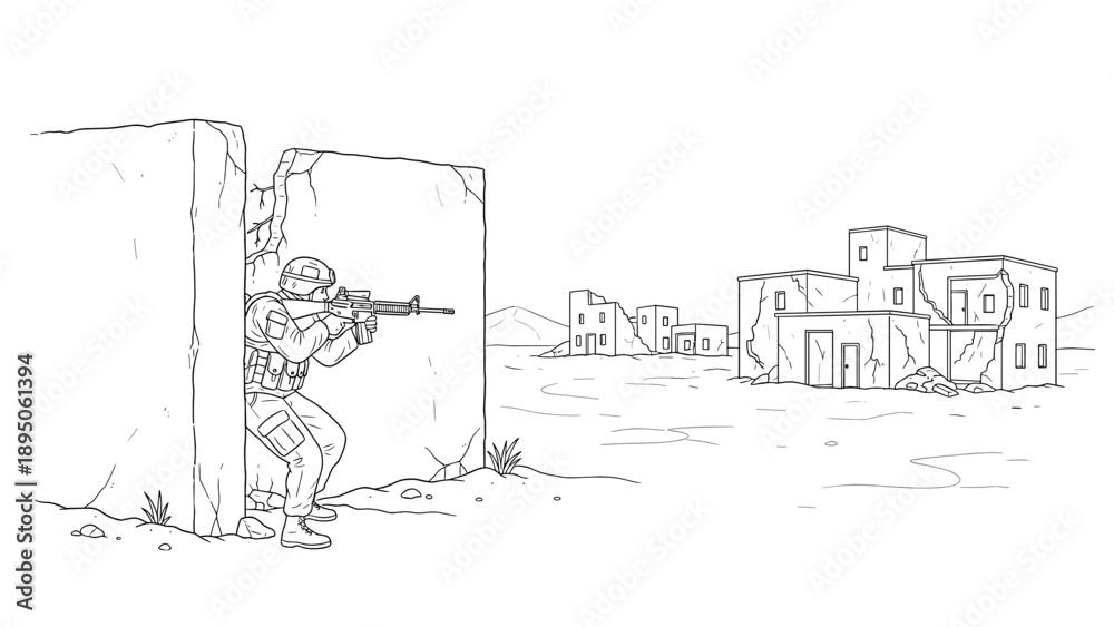 Fototapeta premium Military soldier in abandoned urban setting ready for combat in black and white outline art