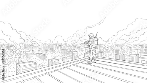 Line art of soldier on rooftop overlooking cityscape with smoke trails