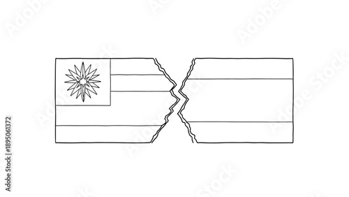 Minimalist design of divided flag featuring abstract sun and horizontal stripes