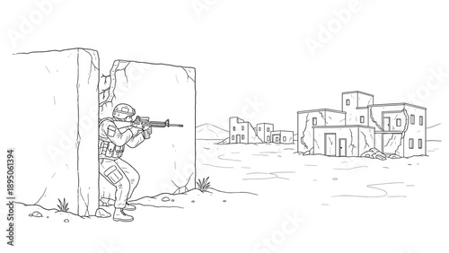 Military soldier in abandoned urban setting ready for combat in black and white outline art