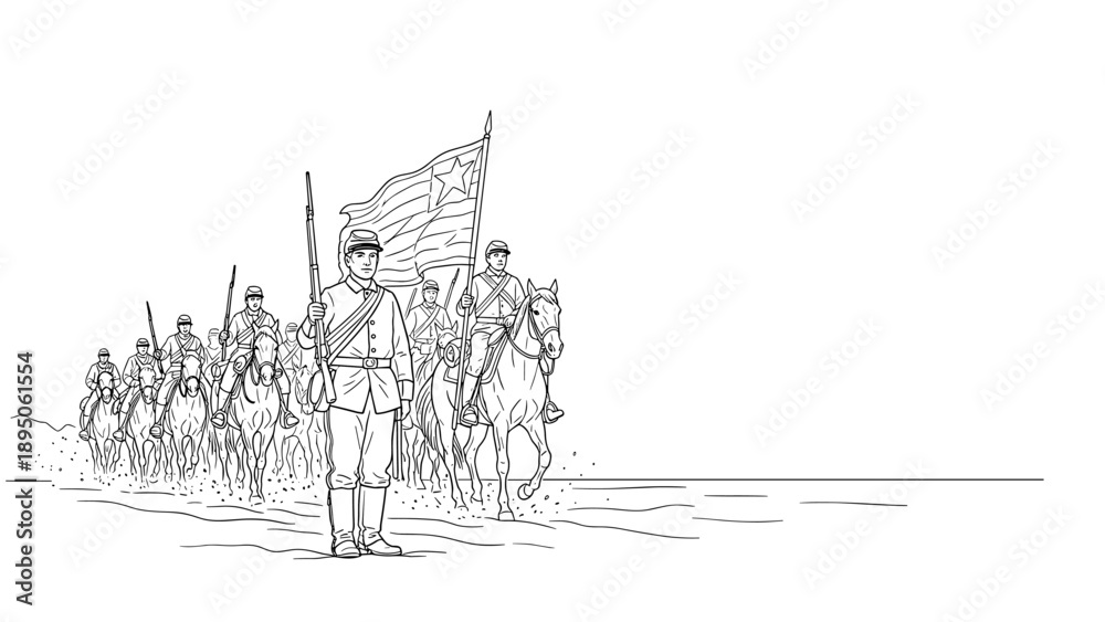 Fototapeta premium Soldier leads horseback troop in historical black and white line art illustration