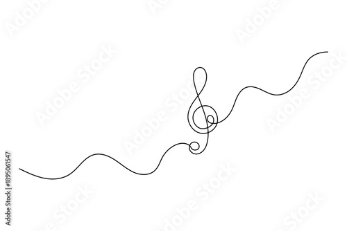 Musical treble clef and notes in continuous line drawing style for minimalist vector art