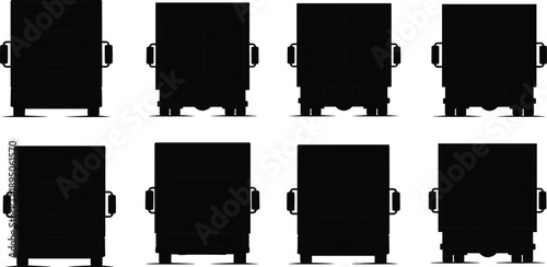 Front view and rear view set of heavy delivery truck silhouettes isolated on white background for logistics and commercial transport icons.