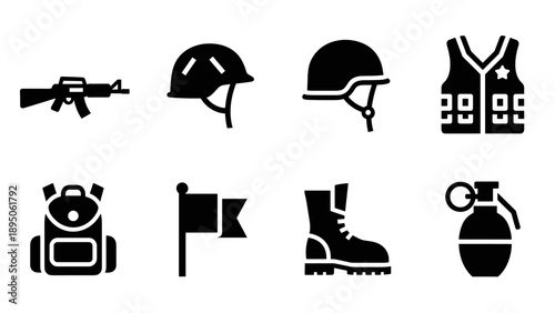 Military equipment icons: helmet, vest, boots, and more in bold silhouette