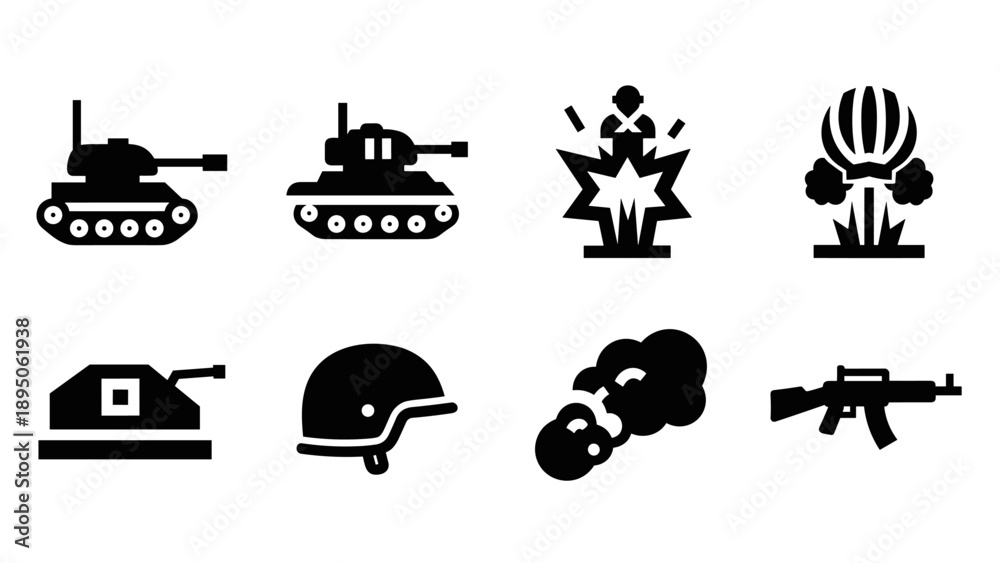 Obraz premium Black military silhouettes: tanks, explosions, and helmets