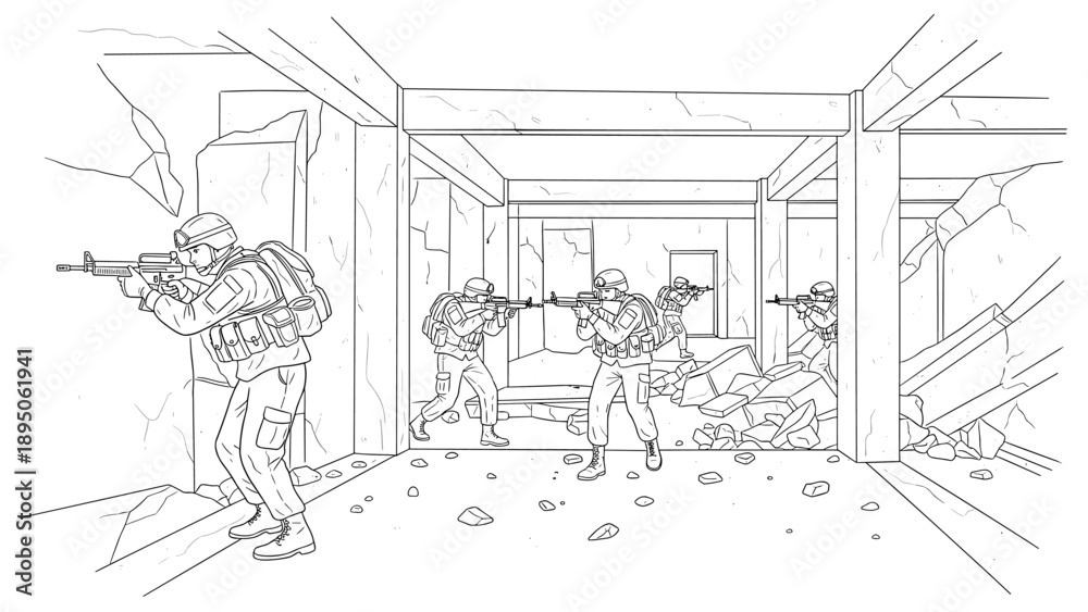 Obraz premium Tactical team navigating ruined building in line art style