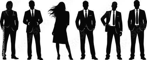 Business professional silhouette set with office team standing and talking in formal suits isolated on white background for corporate meeting and leadership vector design (24 words)