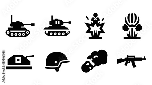 Black military silhouettes: tanks, explosions, and helmets