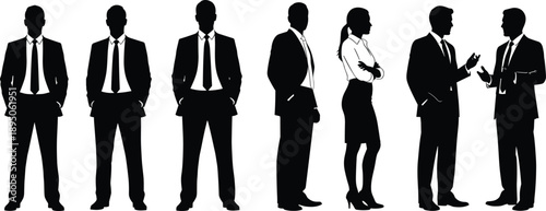 Business professional silhouette set with office team standing and talking in formal suits isolated on white background for corporate meeting and leadership vector design
