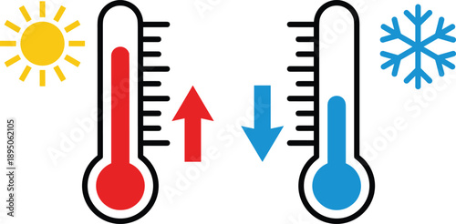 Flat vector illustration of hot and cold temperature thermometers with sun and snowflake icons, climate change, weather contrast concept