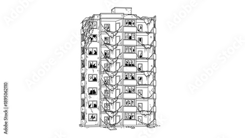 Detailed line art of a tall urban building in ruins with cracked walls and broken windows
