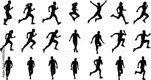 Large collection of black silhouette male and female athletes running sprinting and jogging in various action poses isolated on a plain white background