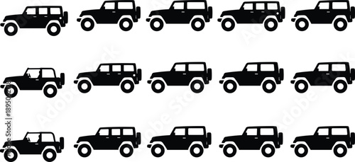 Flat vector illustration of Jeep silhouette transformation sequence, open-top to closed-top vehicle icons, automotive evolution, off-road car design concept
