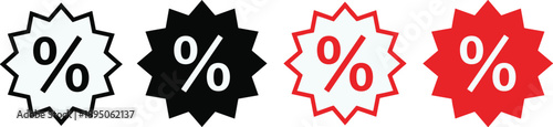 Flat vector illustration of percentage discount starburst icons in black and red, sale labels, promotion symbols, retail marketing design