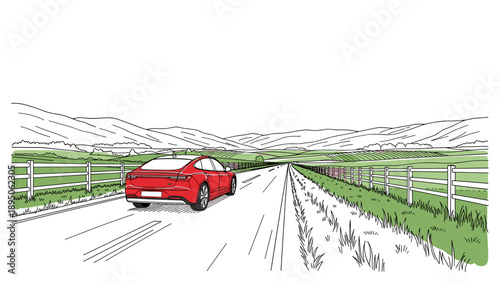 Red car on scenic countryside road with fenced fields and rolling hills in background