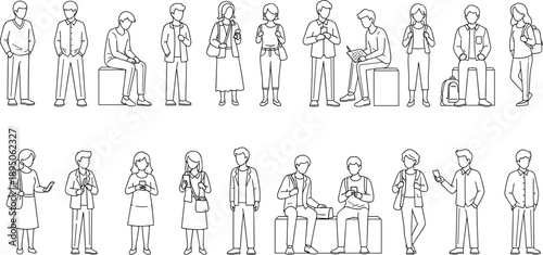 Young adult people outline set with students using smartphones walking and sitting in different poses isolated on white background for lifestyle education vector design