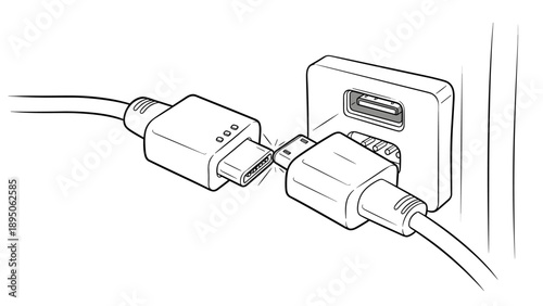 Usb connections: line art of cables plugging into hub