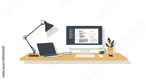 Vector office workspace desk with computer and laptop