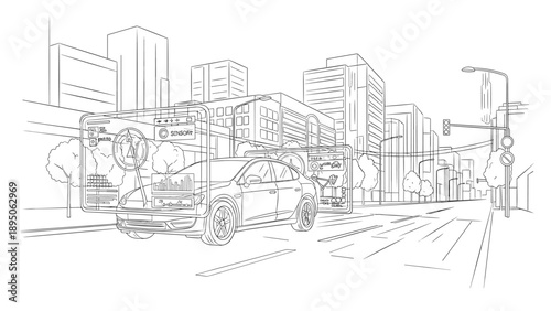 Futuristic urban scene with smart vehicle and digital interface in linear design