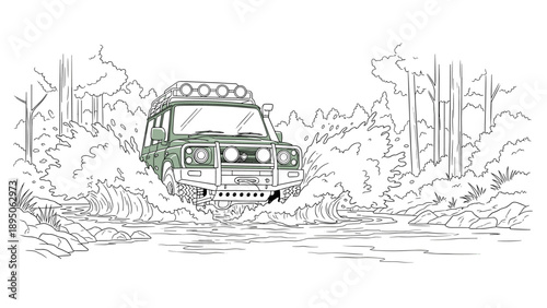 Off-road adventure: rugged suv navigating through forest stream in line art