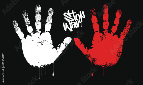 Isolated red grunge hand print, Stop War graffiti slogan print, Stop the war Text on red splashes,tees, clip arts, banners, social media, stickers, posters.eps